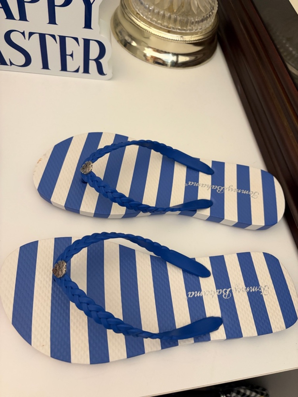 NWOT Tommy Bahama Women’s Blue and White Striped Braided Flip Flops
